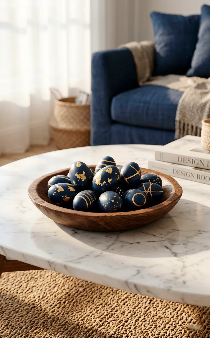 Hand-painted navy and gold wooden Easter eggs in a carved bowl on a marble table.