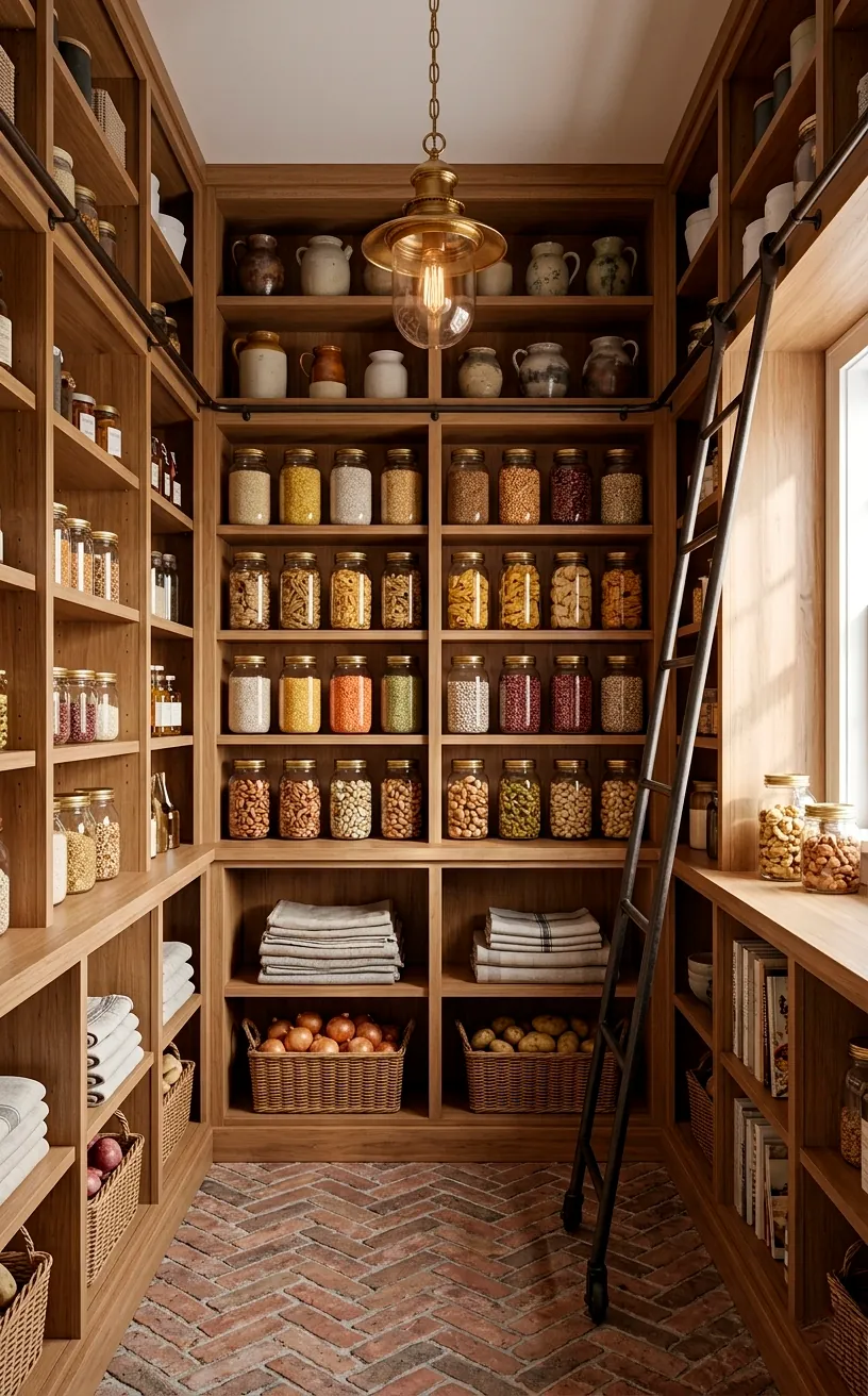 Full view of a luxury farmhouse pantry with glass jars on reclaimed wood shelves and a rolling ladder.