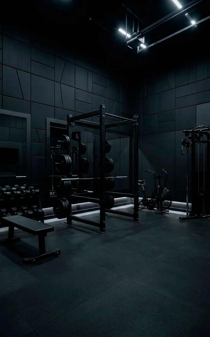 Powerful hero shot of an all-black modern home gym with matte black equipment and moody lighting.