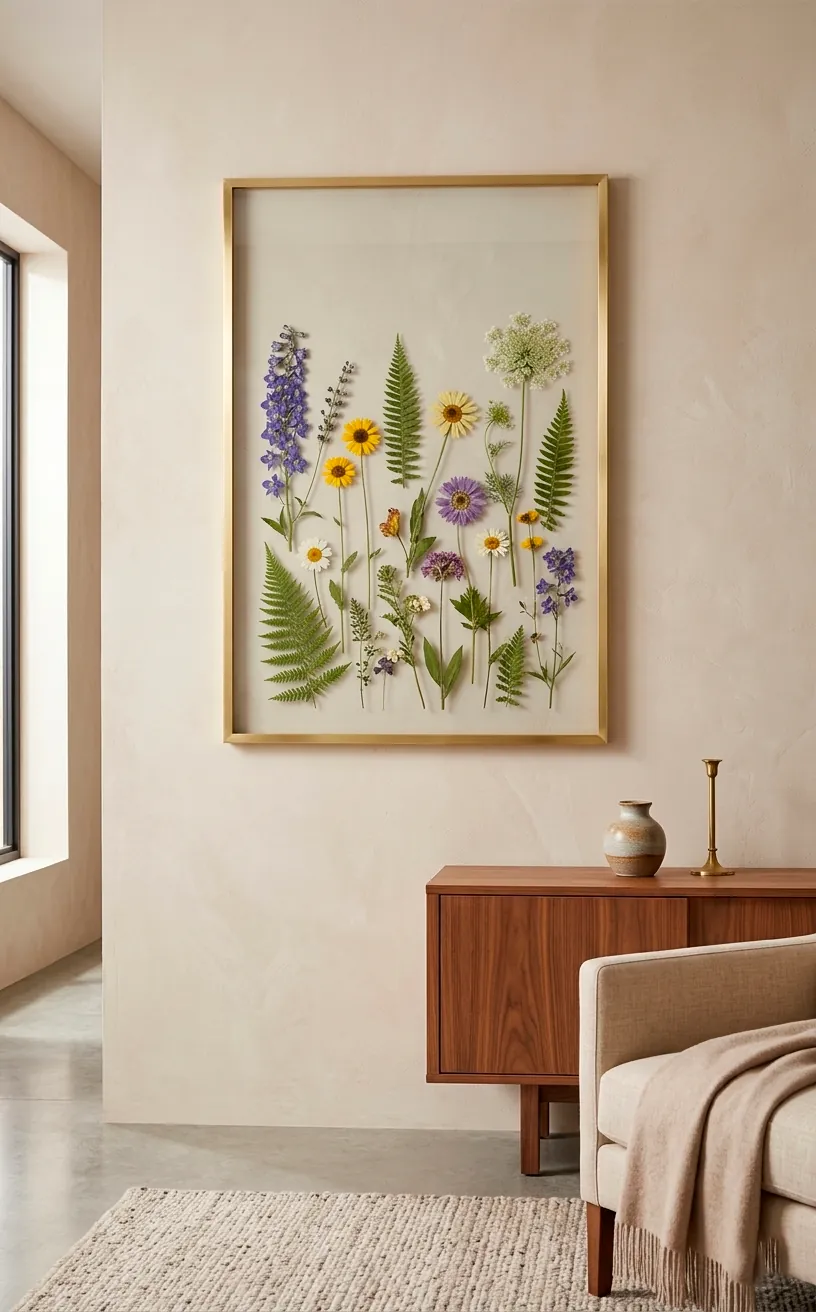 Elegant brass floating frame with pressed wildflowers on a minimalist living room wall.