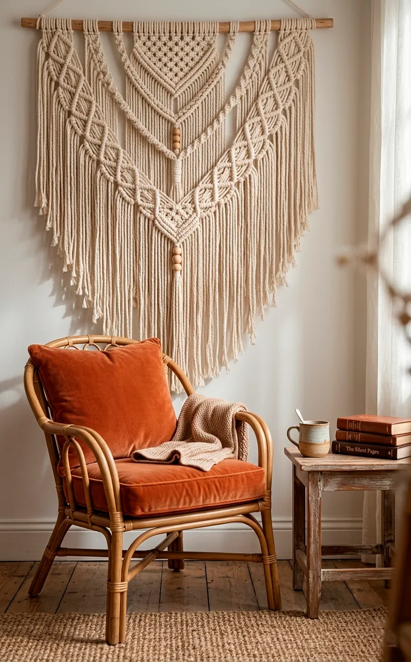 Large macramé wall hanging behind a rattan chair in a cozy, sunlit bohemian reading nook area.