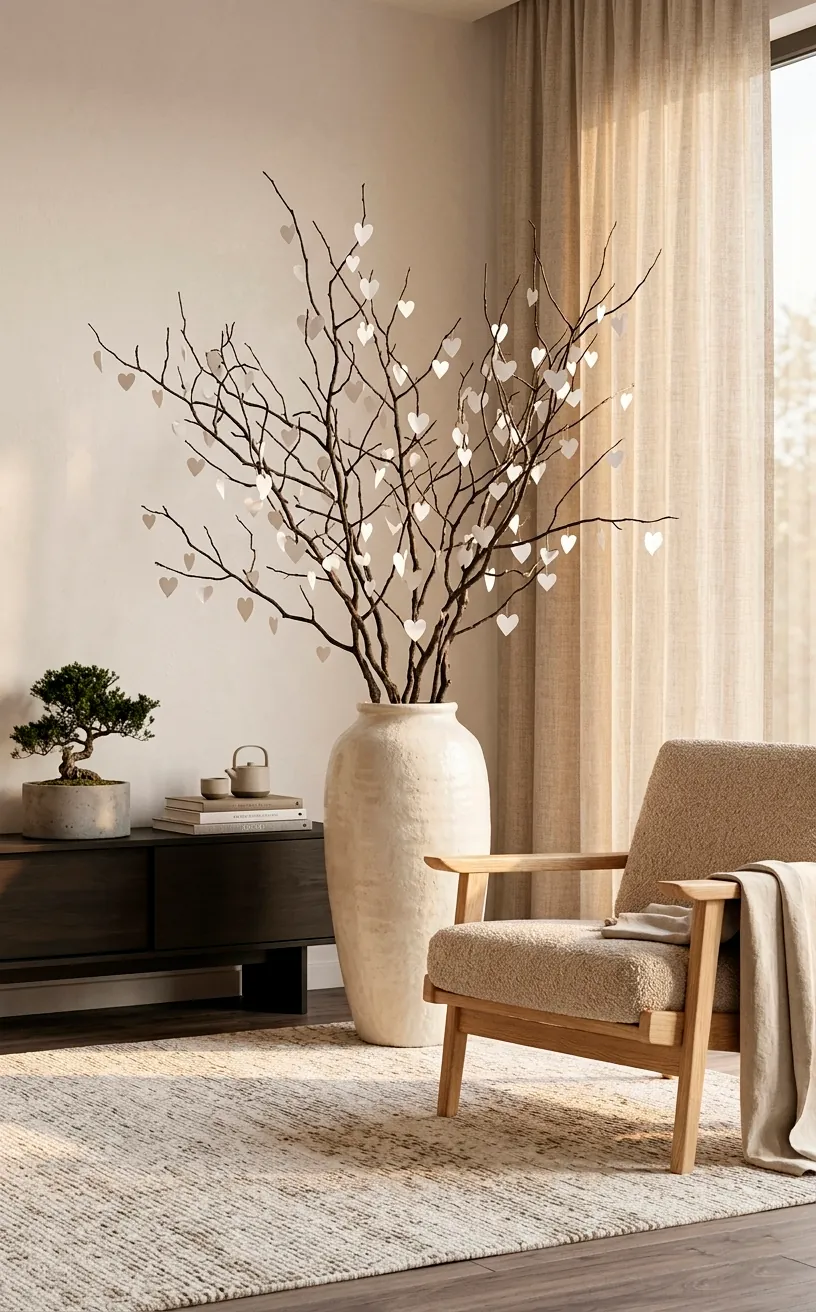 Tall ceramic floor vase with branches and white paper hearts in a sunlit Japandi living room.
