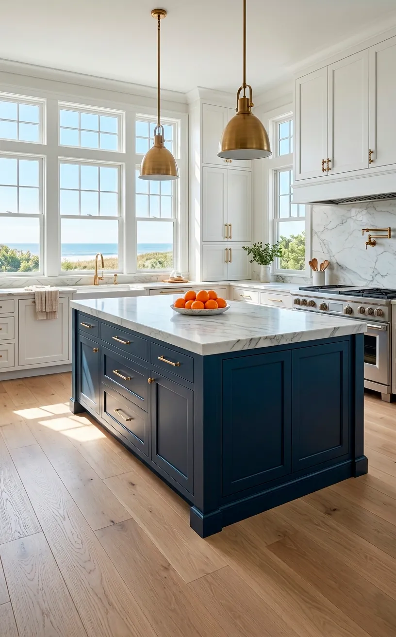 Luxury coastal kitchen featuring a navy blue island and gold hardware.