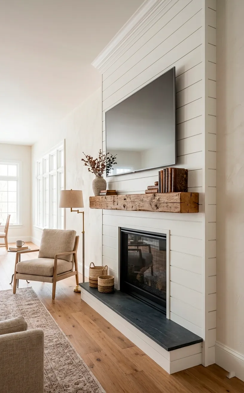Hero shot of a transitional fireplace wall with shiplap and a wood mantel under a TV.