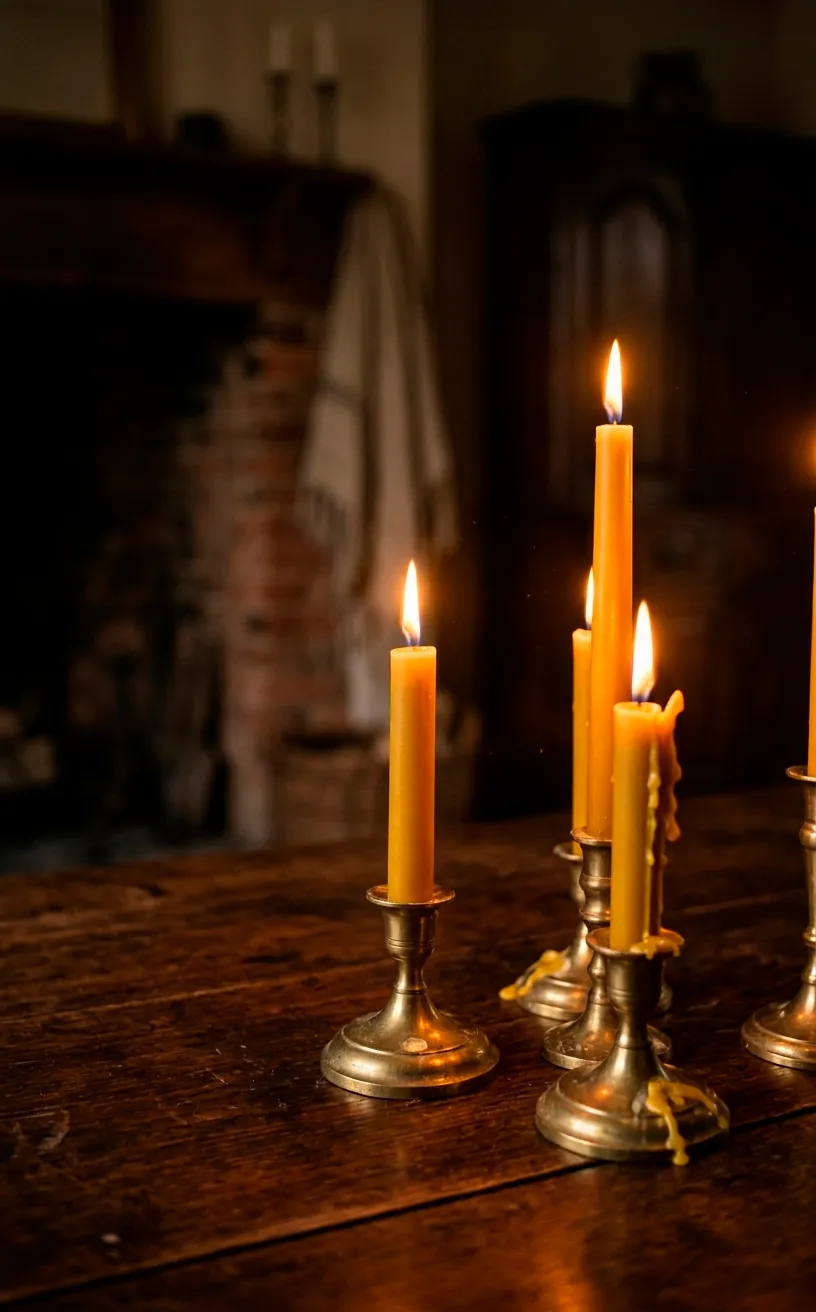 Lit mustard yellow taper candles in brass holders on a wooden dining table.