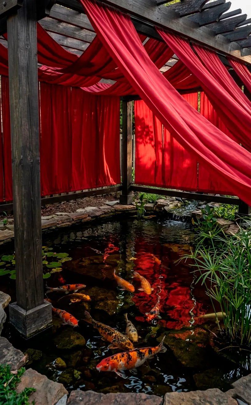 Wooden pergola with red fabric shading a backyard koi pond from the sun.