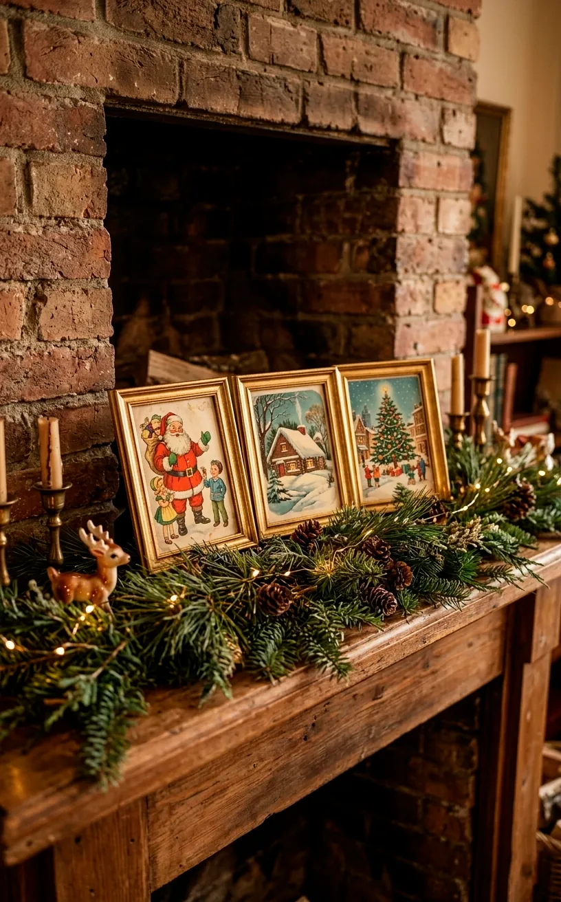 Framed vintage Christmas postcards displayed on a fireplace mantel.