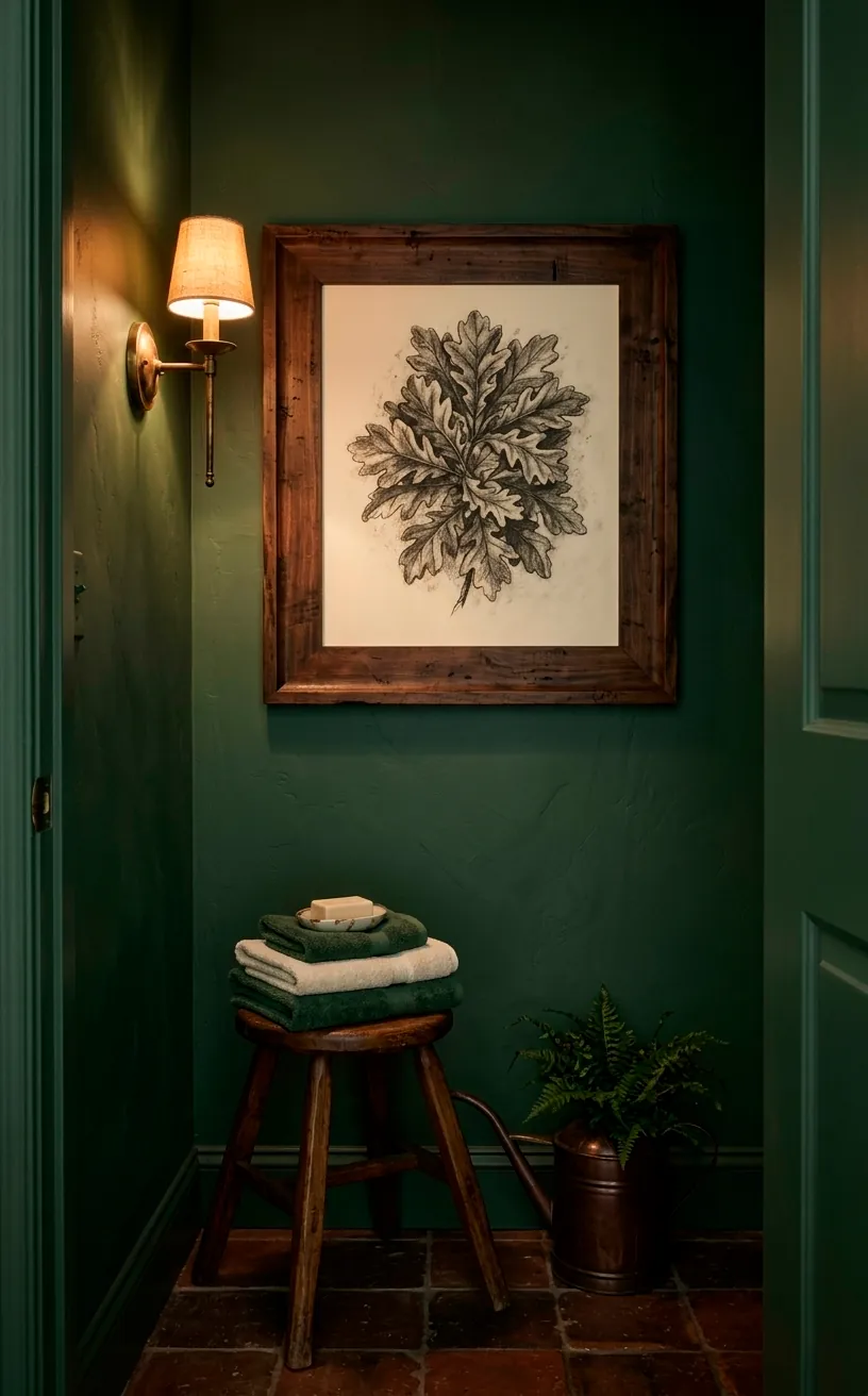 Oak leaf charcoal drawing in a forest green powder room.