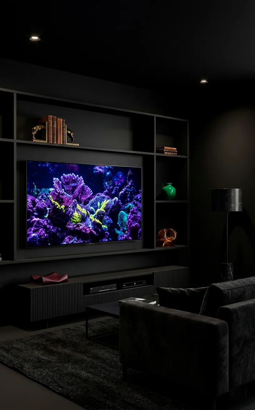 Full monochromatic matte black TV wall with matching cabinetry.