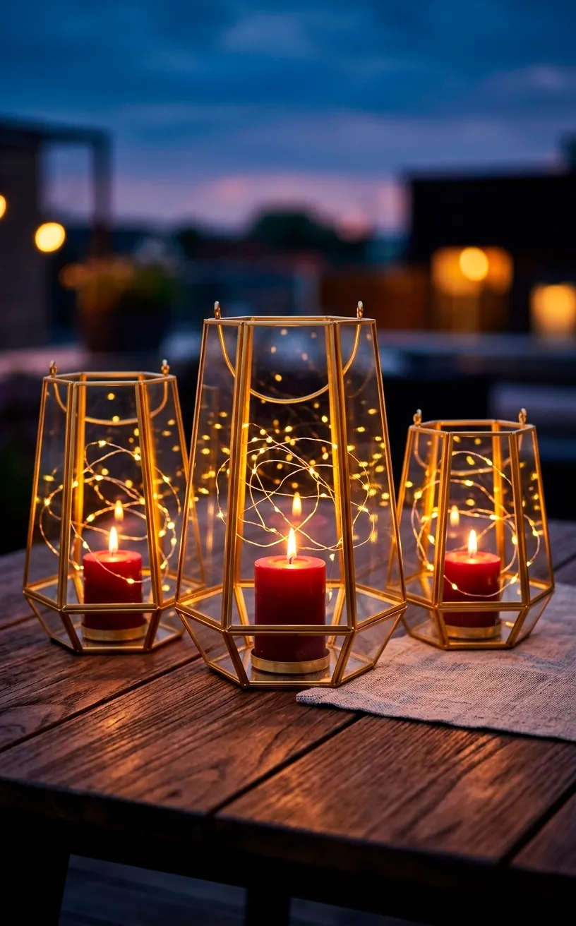 Gold geometric lanterns with red candles and fairy lights on a table.