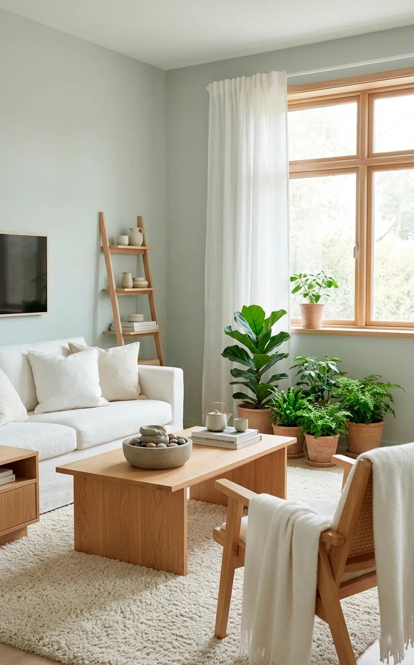 Serene living room with Sea Salt walls and light wood accents.