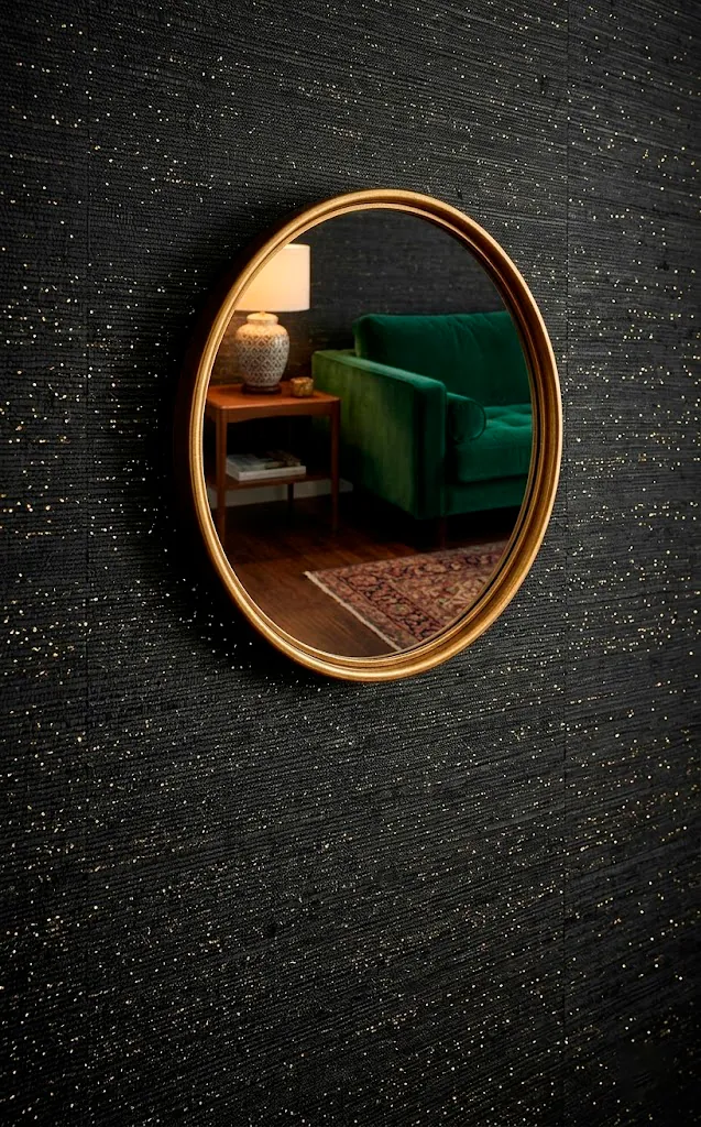 Textured black grasscloth wallpaper with gold specs behind a gold circular mirror.