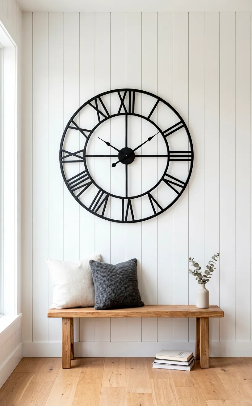 Large black steel skeleton wall clock on a white shiplap wall.