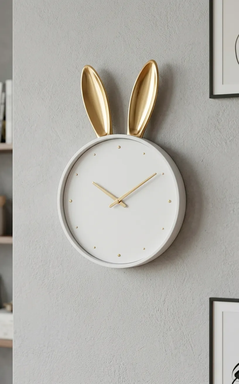 Minimalist white wall clock with gold rabbit ears on a grey wall.