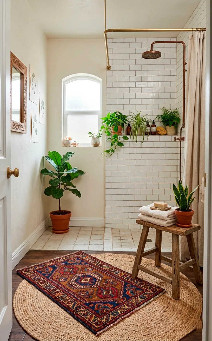 Layered kilim rug on top of a jute rug in a boho bathroom with lots of plants.