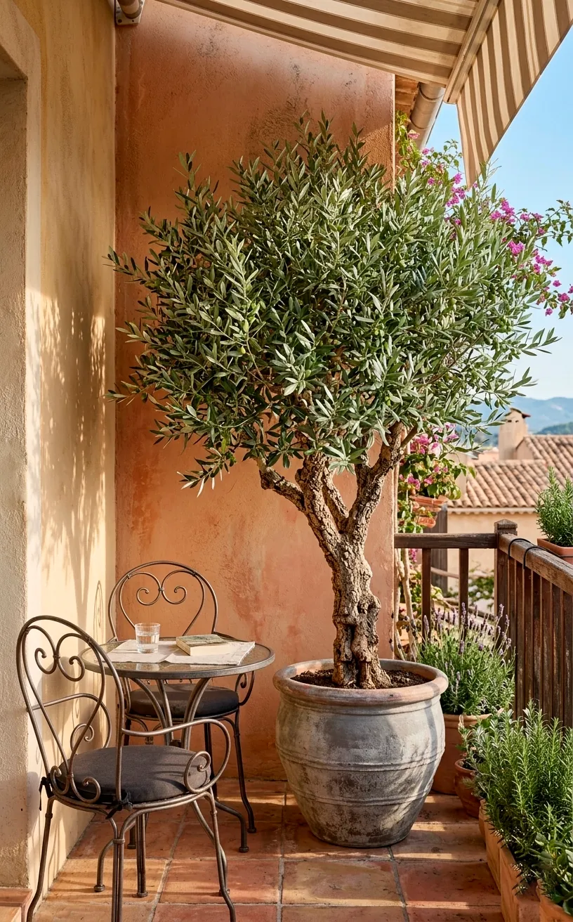 A large potted olive tree adding a touch of nature to a small apartment balcony.