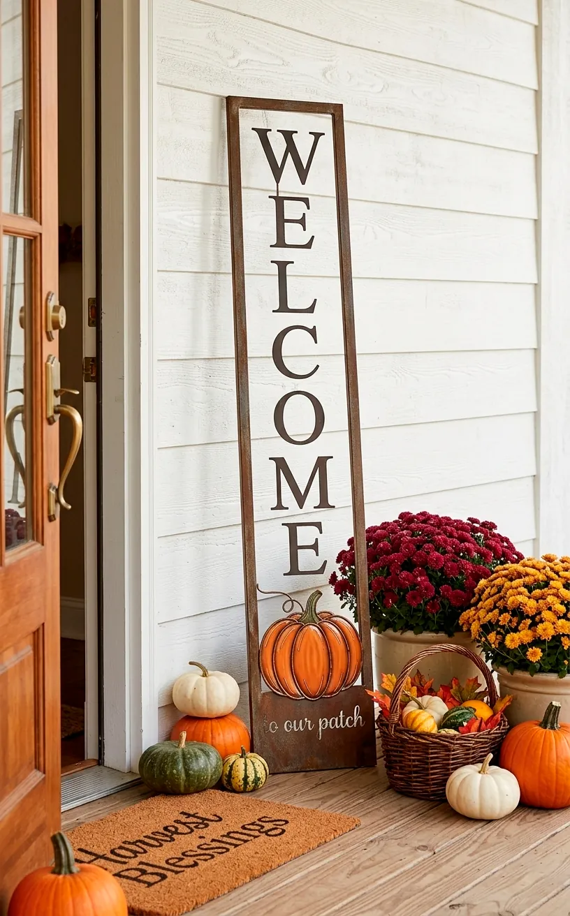 Vintage metal welcome sign with orange pumpkins on a porch.