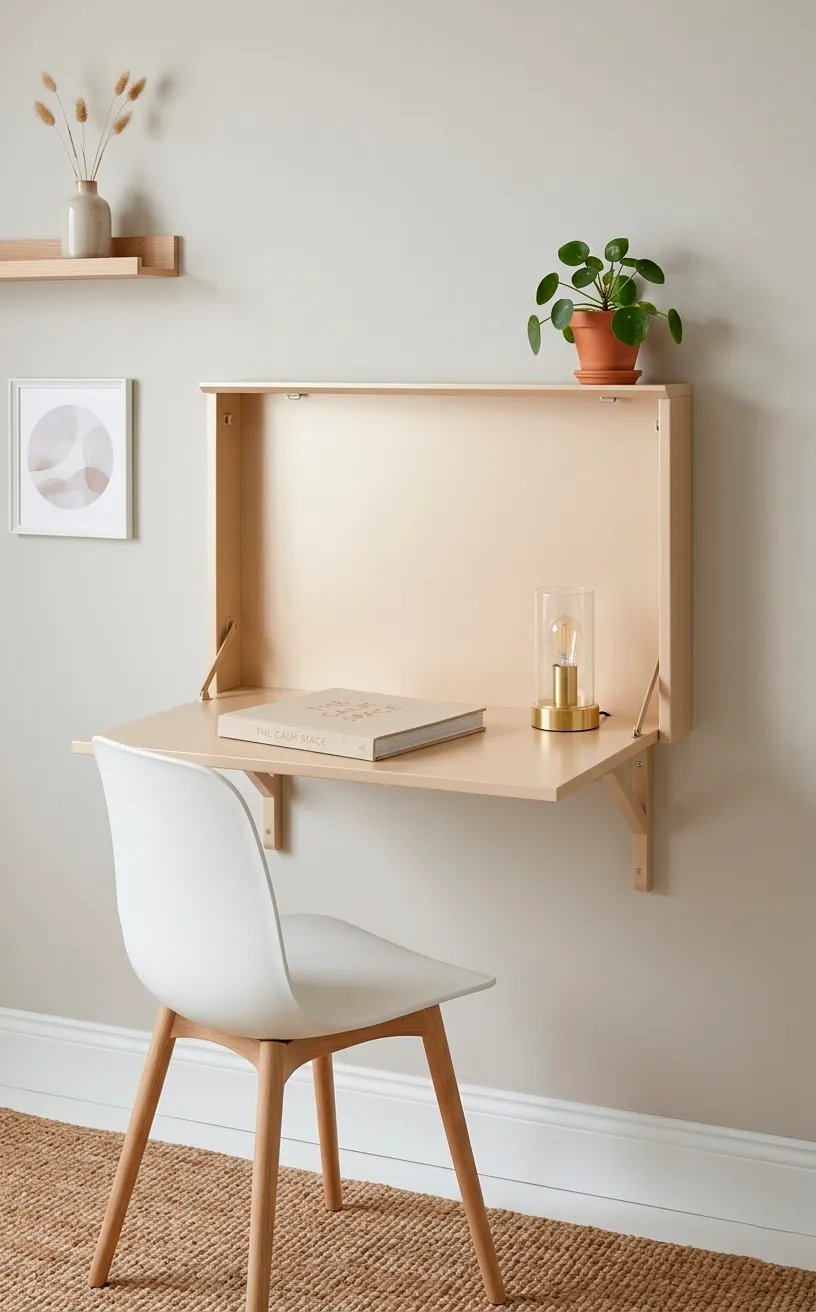Wall-mounted fold-out desk in champagne color used as a small reading nook.