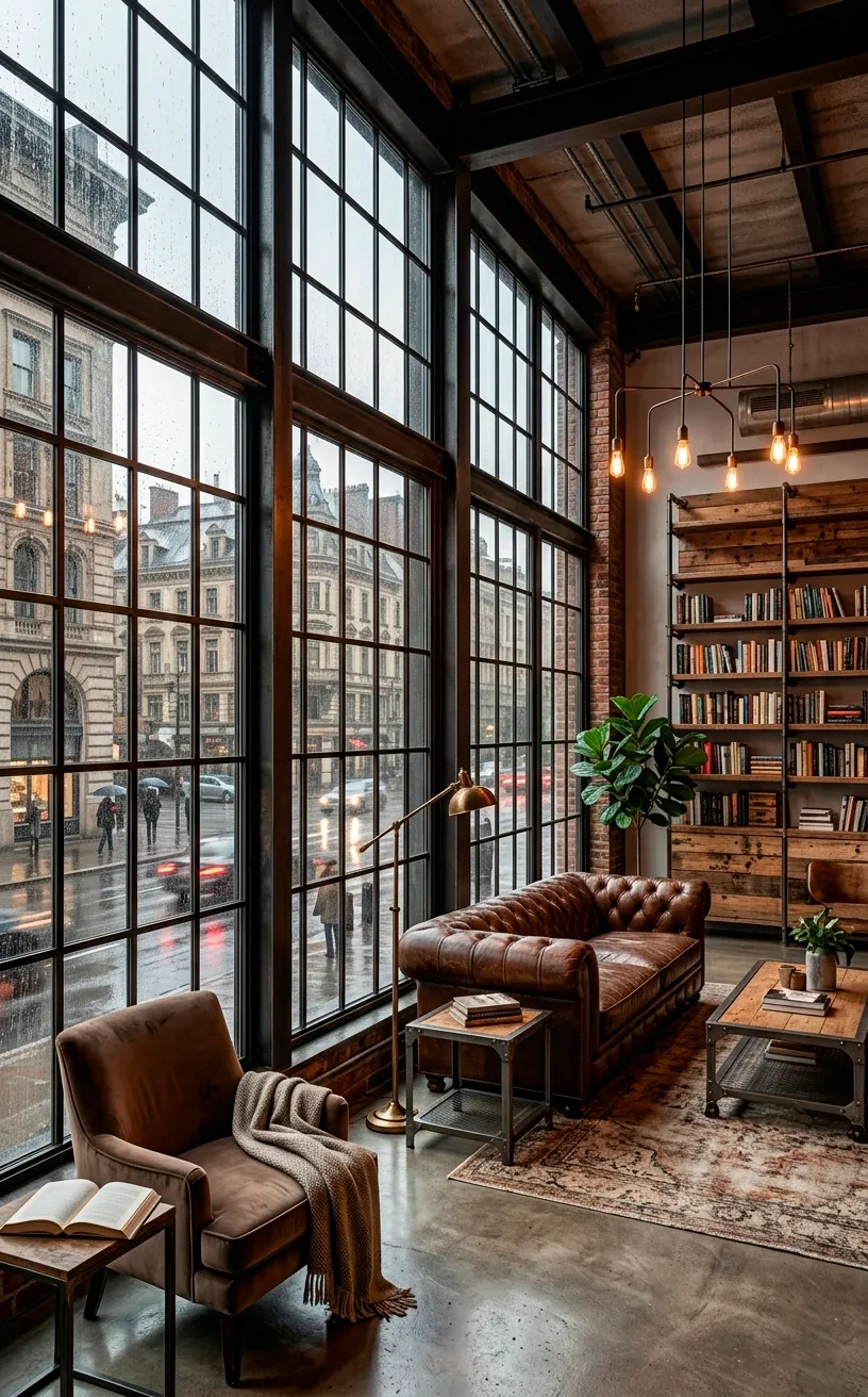 Massive floor-to-ceiling steel grid windows in a modern industrial loft.