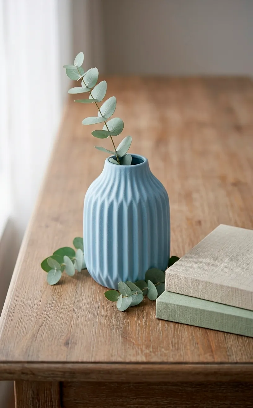 Detail shot of a matte pastel blue ribbed vase and linen books on a table.