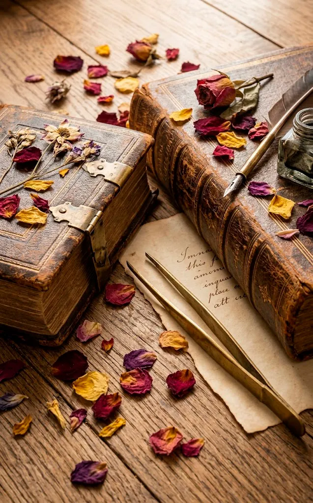 Artistic detail of flower pressing materials including a vintage book and dried petals.