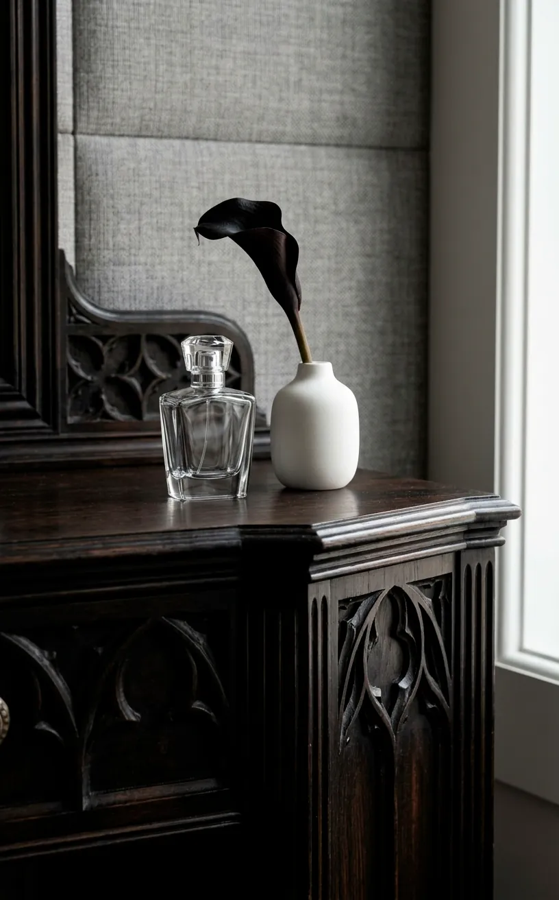 Detail of a dark Victorian Gothic vanity table with modern decor accents.