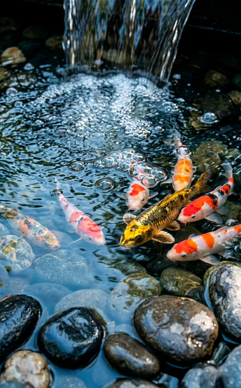 Close-up of water cascading into a pond with koi fish and wet textured stones.
