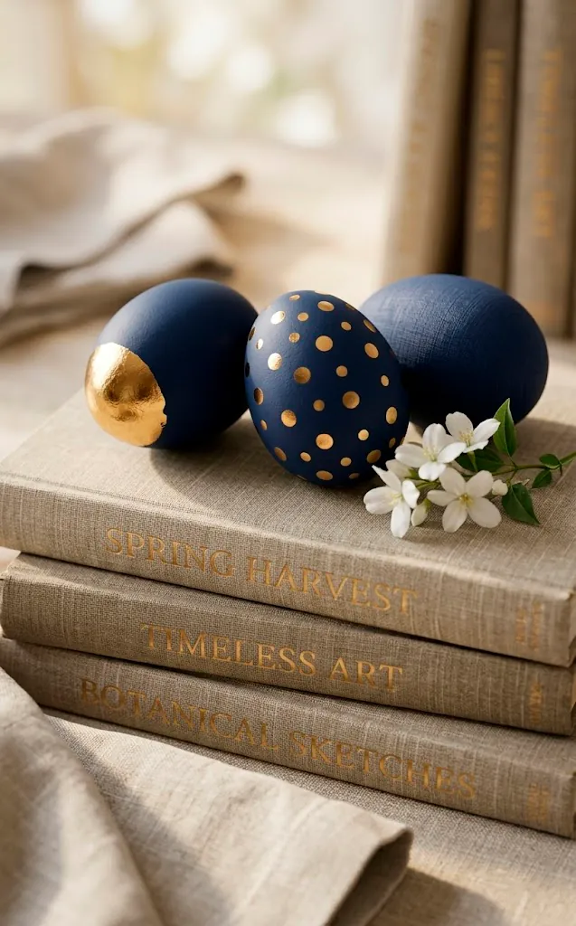 Close-up of navy blue and gold foil Easter eggs on decorative books.