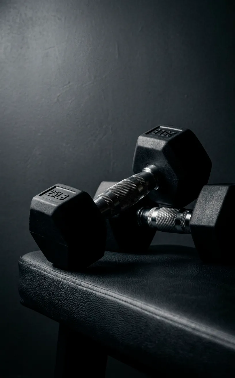 Detail shot of matte black dumbbells on a black bench in a monochromatic workout space.