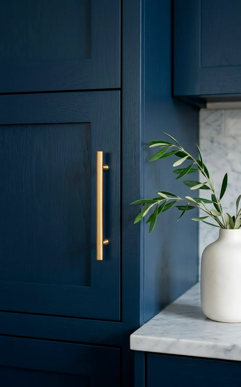 Close up of navy blue kitchen cabinet with brass handle.