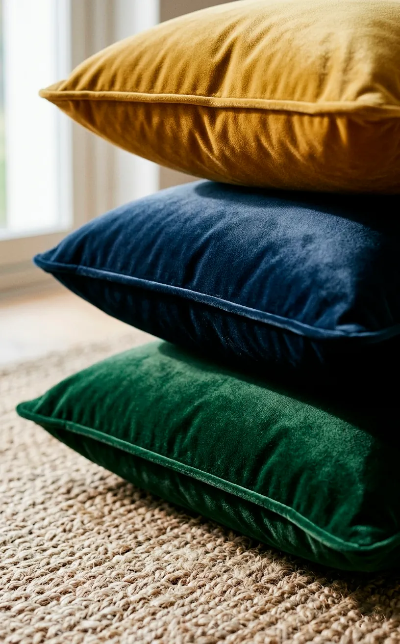 Close-up of colorful velvet pillows with rich texture and piped edges.