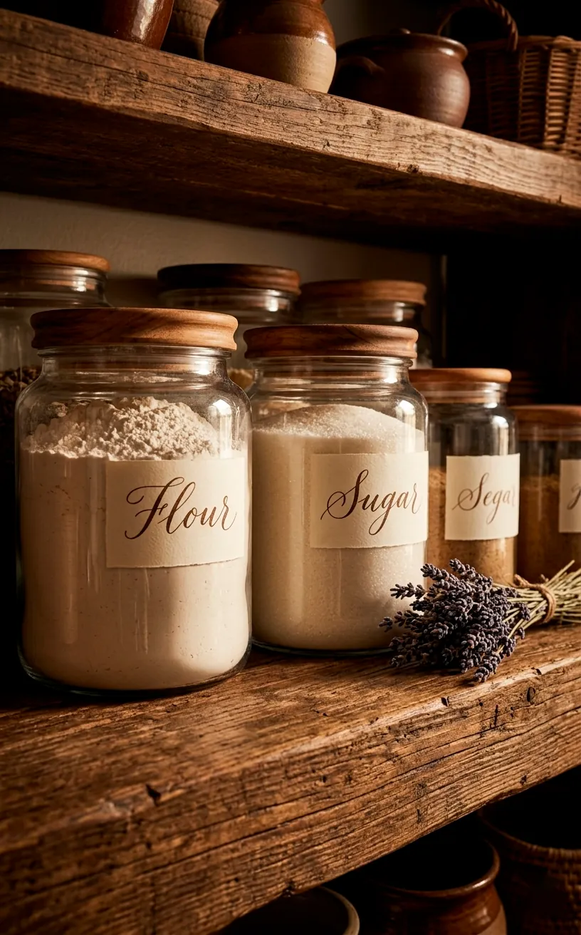 Close-up of glass pantry canisters with wooden lids and hand-lettered labels on a rustic shelf.