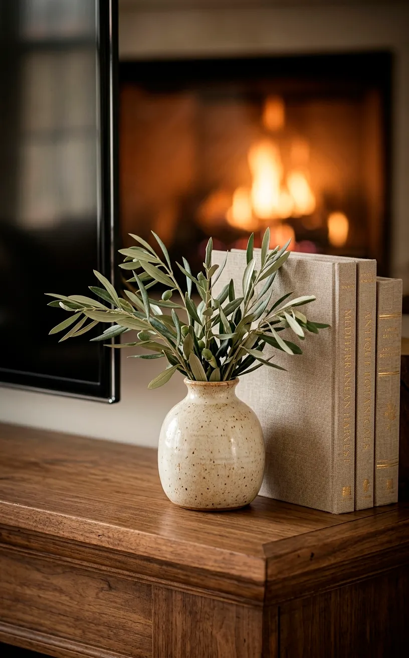 Detail shot of a wooden fireplace mantel with decor and a TV edge visible.