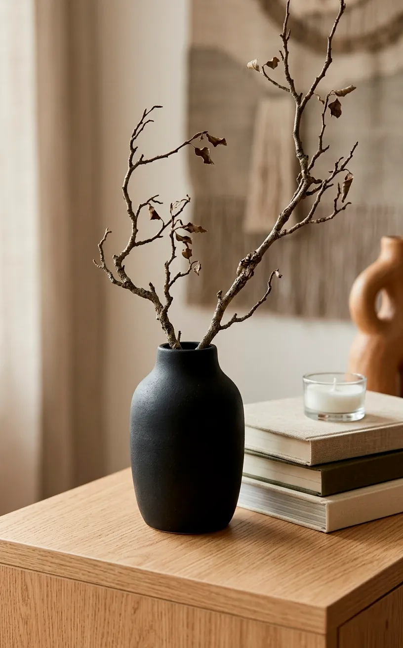 Minimalist branch decor on a wooden sideboard with books and a small candle for Valentine's Day.
