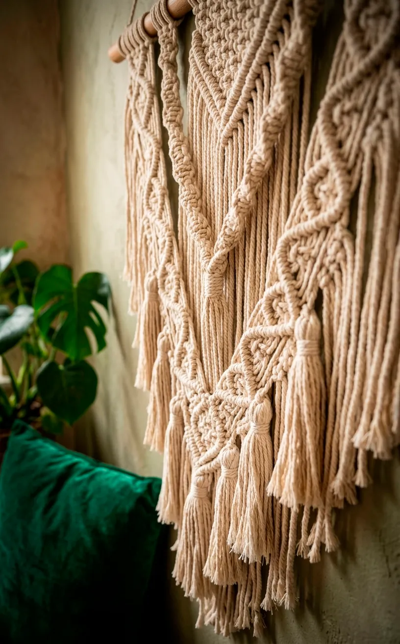 Close-up detail of macramé knots and fringe with a blurred boho interior background.