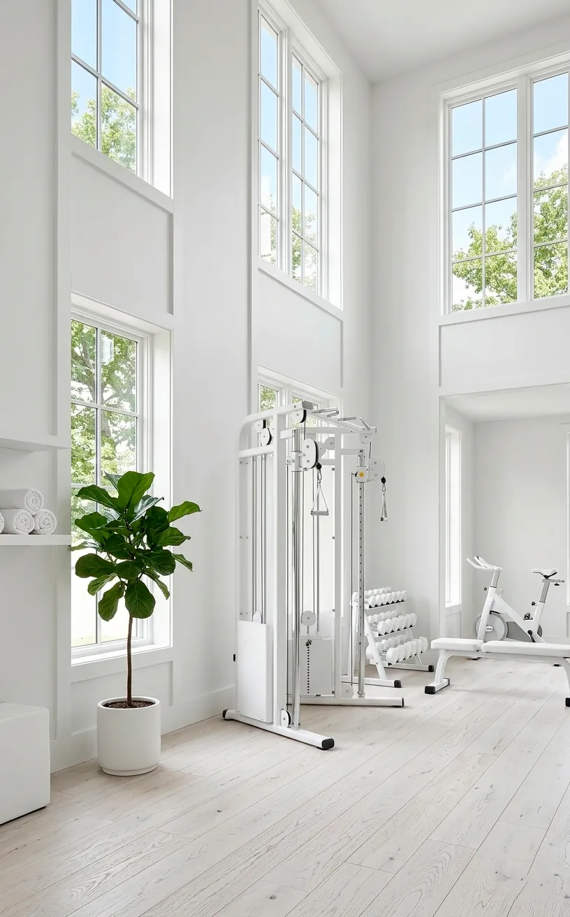 Bright and airy white minimalist home gym with large windows and white exercise equipment.