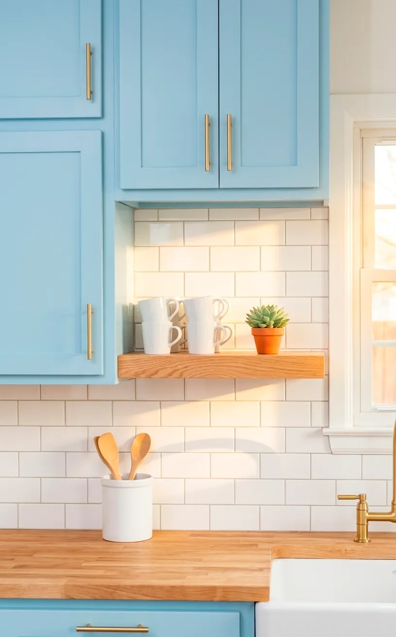 Soft sky blue kitchen cabinets with white subway tile backsplash.