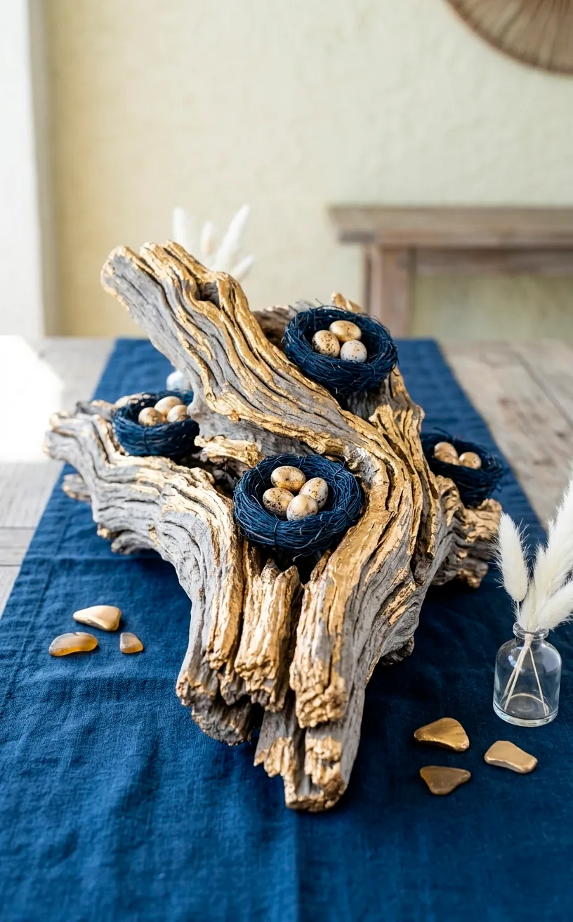 Gilded driftwood centerpiece with navy eggs on a blue linen runner.