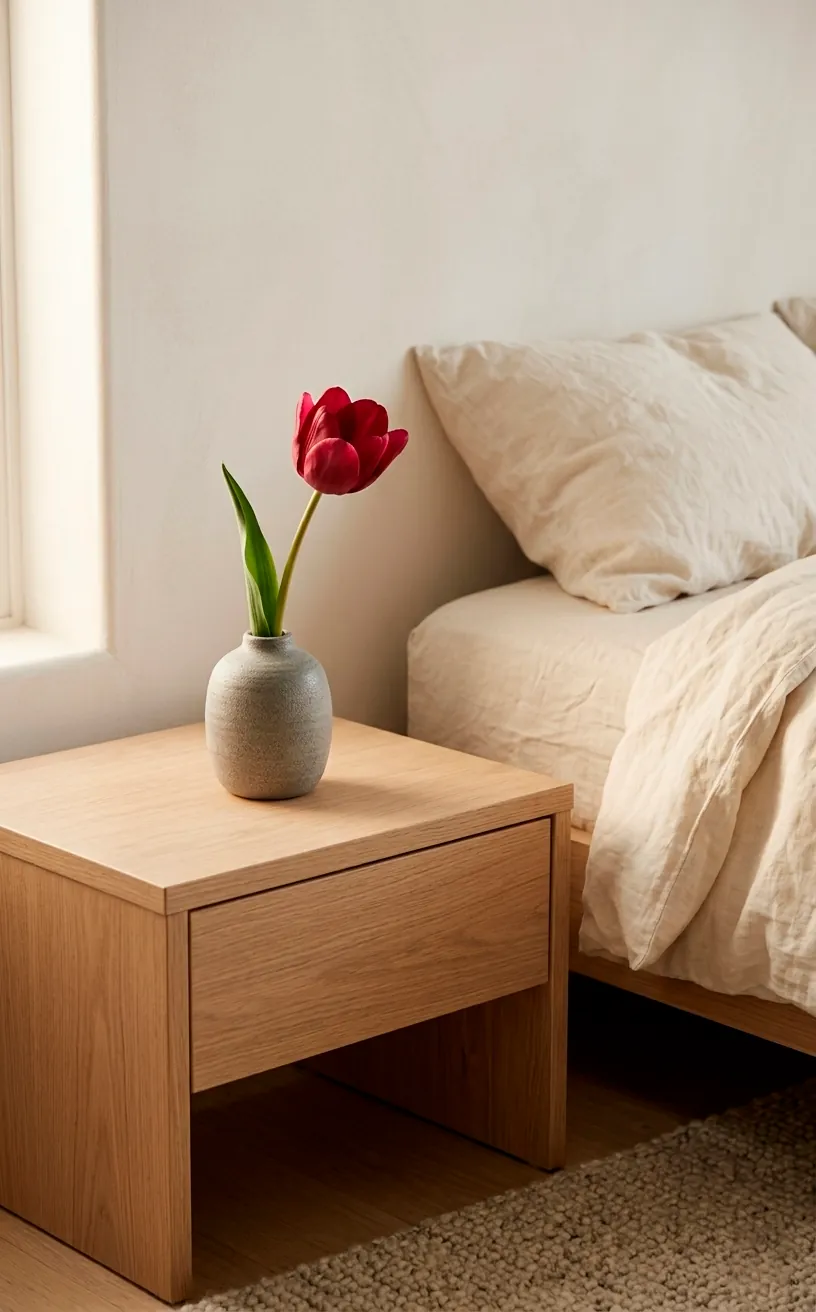 A single red tulip in a grey stone vase on a minimalist wooden nightstand in a bright bedroom.