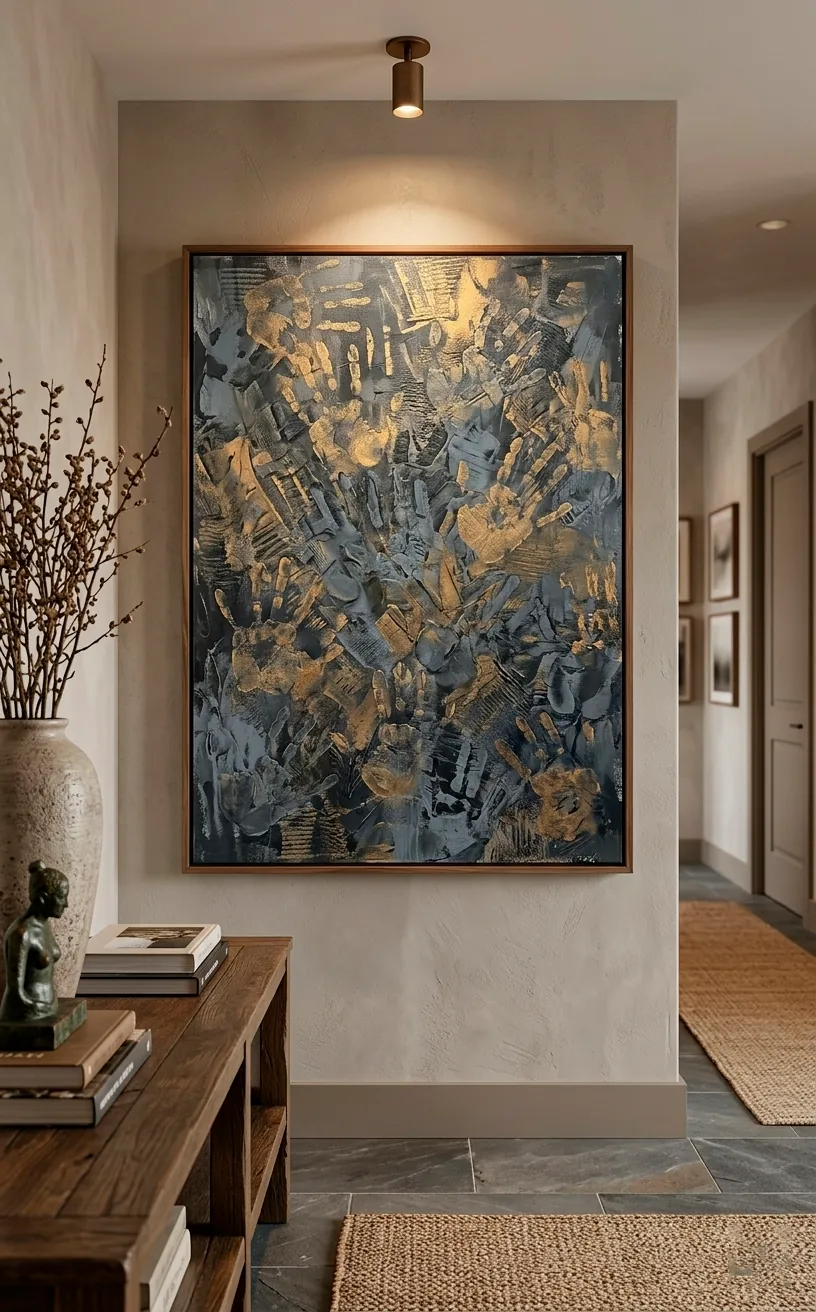 Modern abstract family handprint art on a canvas in a sophisticated hallway.