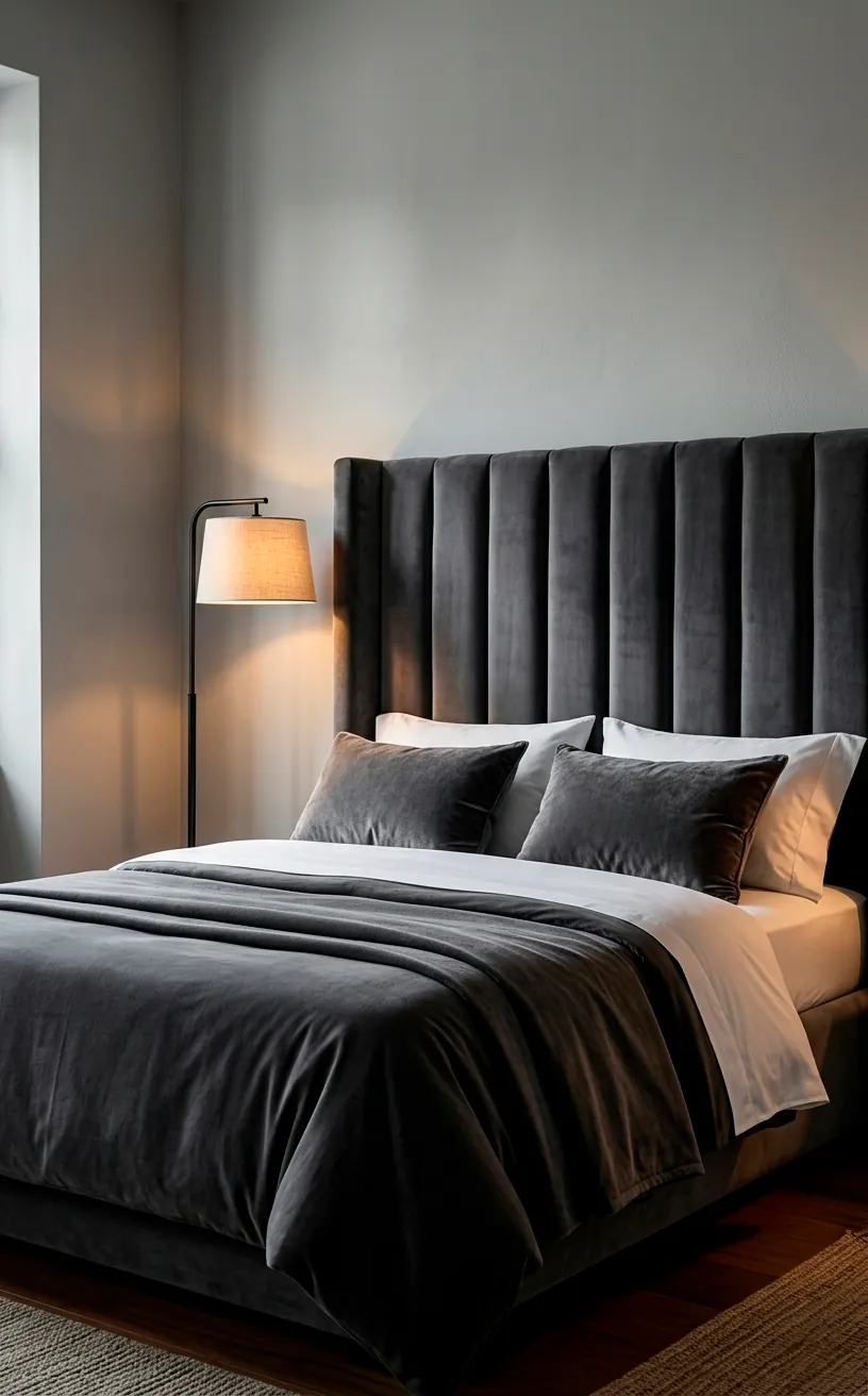 Tall charcoal grey velvet headboard with channel tufting in a sophisticated bedroom.