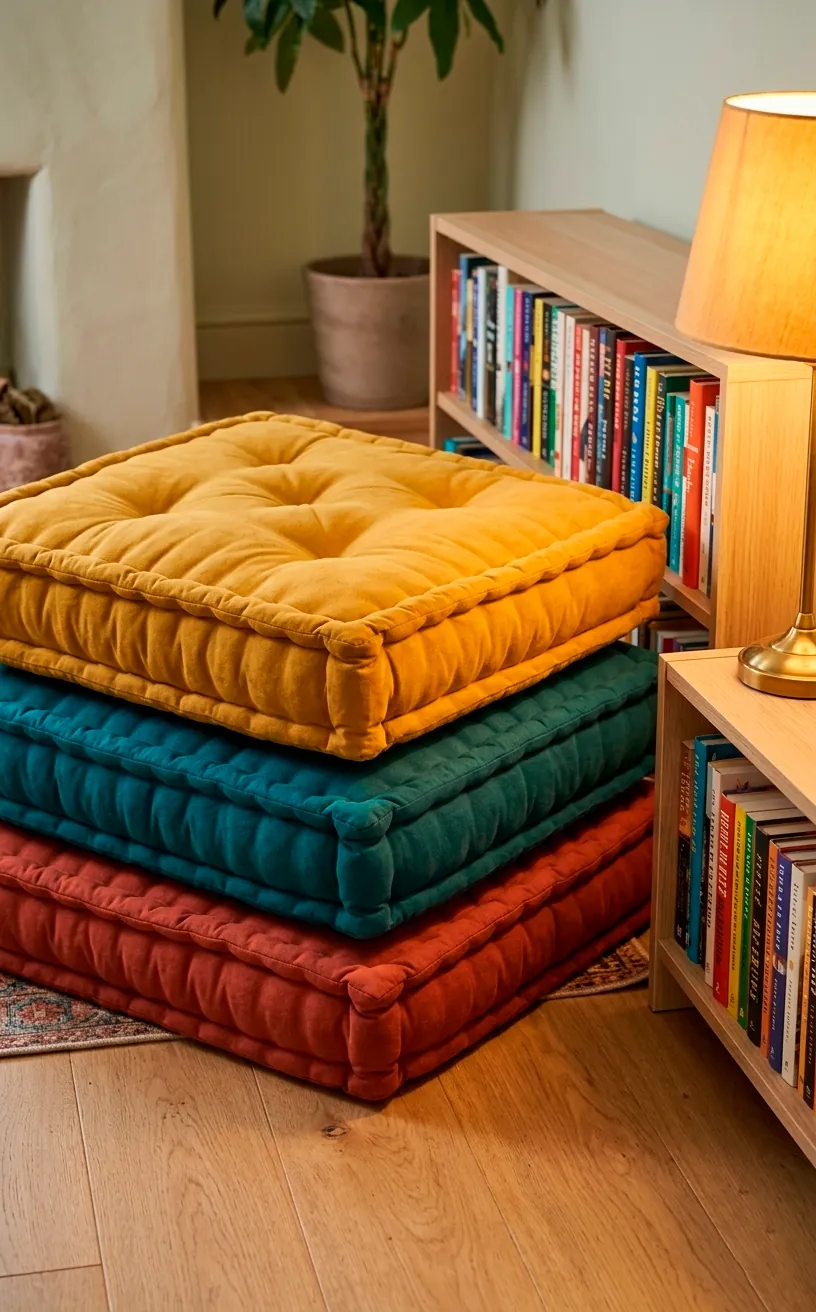 Stack of colorful tufted floor cushions in yellow, teal, and terracotta in a reading corner.