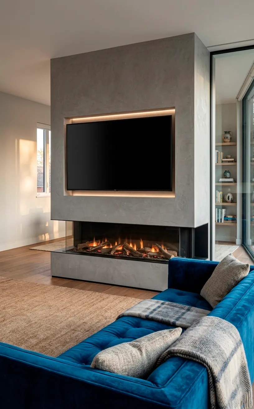 Ergonomic TV placement over a low-profile modern fireplace in a living room.