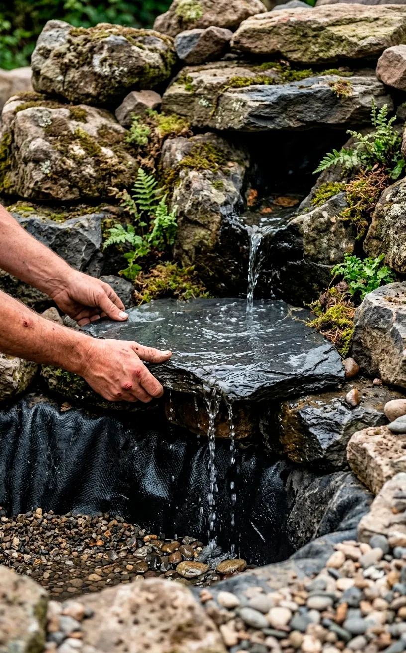 Hand placing a slate rock for a natural pond waterfall construction.