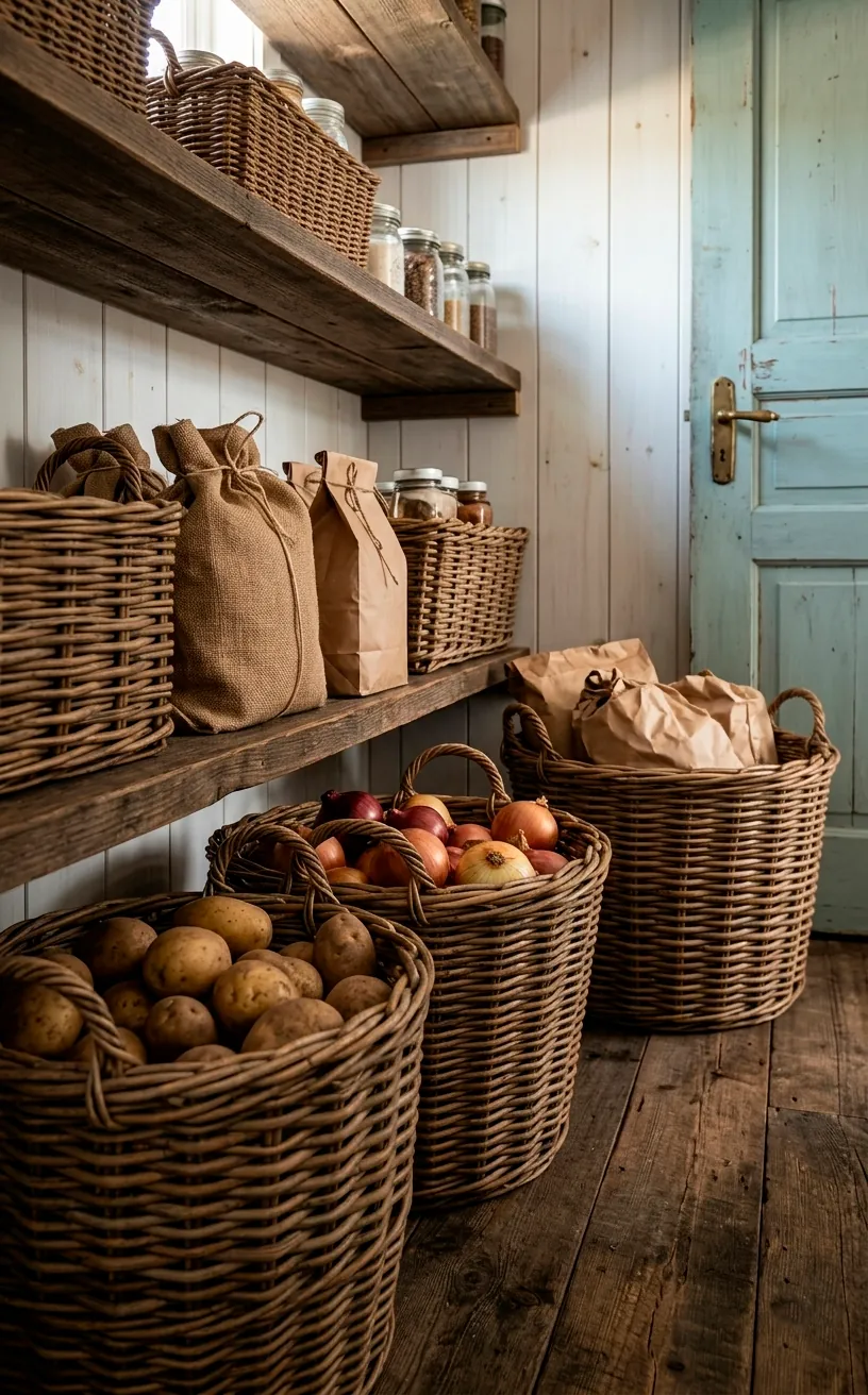 Large woven wicker baskets on the lower shelves of a rustic pantry holding produce.