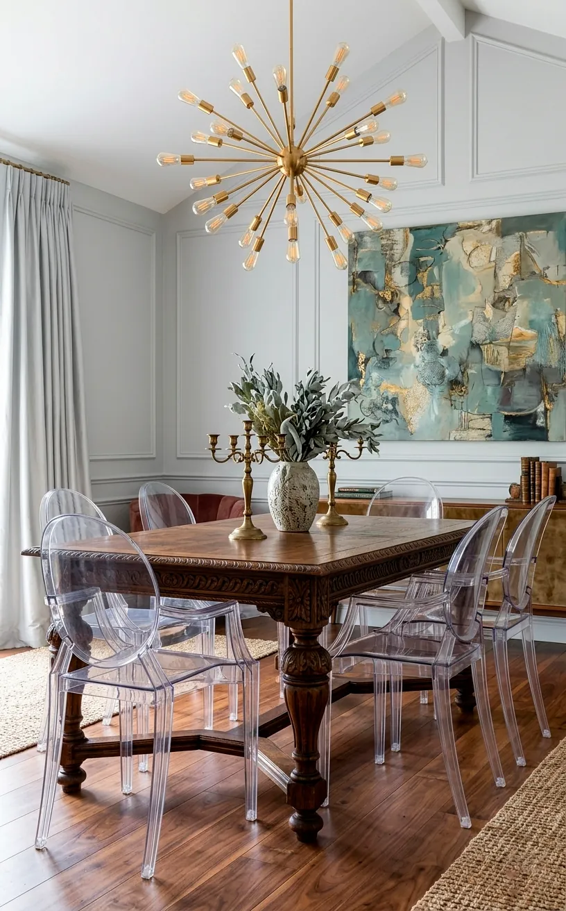 Dark Victorian Gothic dining table with modern ghost chairs and gold chandelier.