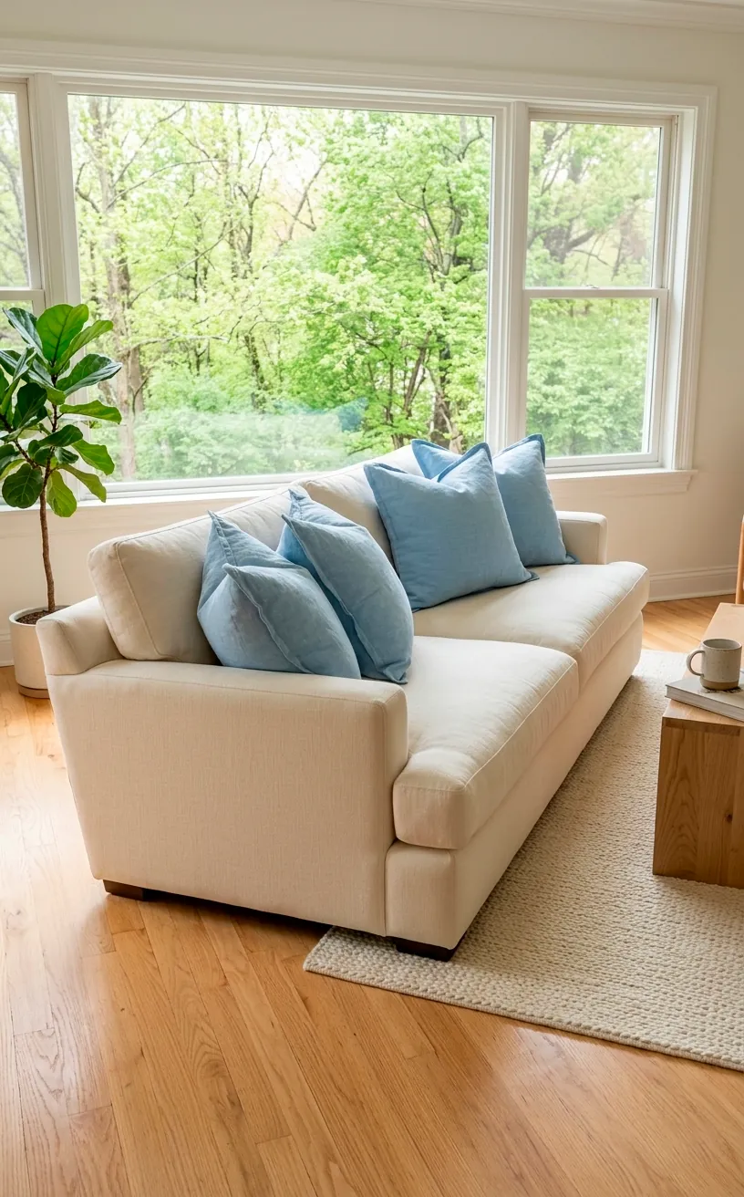 Cream sofa with pastel blue linen throw pillows in a bright spring living room.