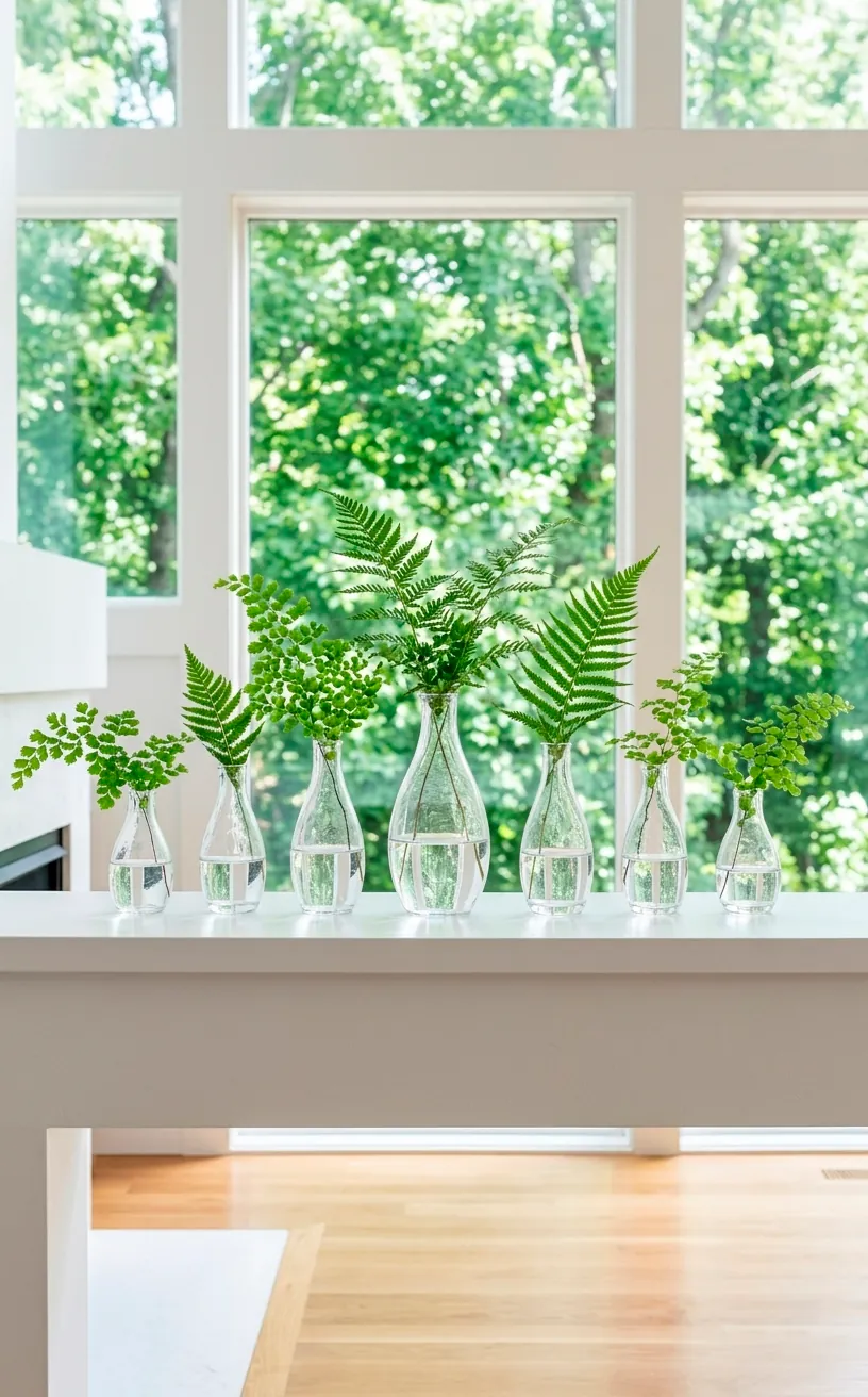 Minimalist fern fronds in glass bud vases on a white fireplace mantel.