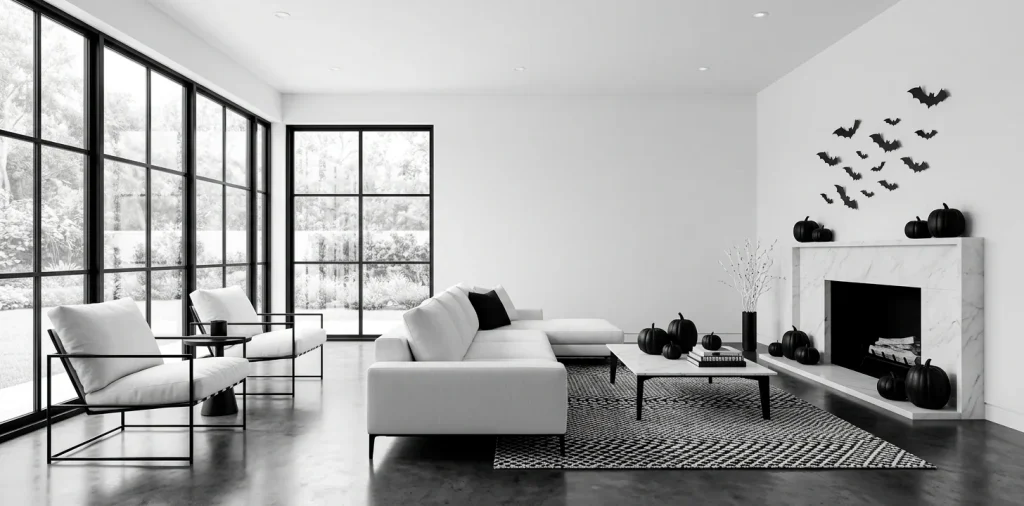 Luxurious minimalist living room decorated with chic black and white Halloween accents and white marble fireplace