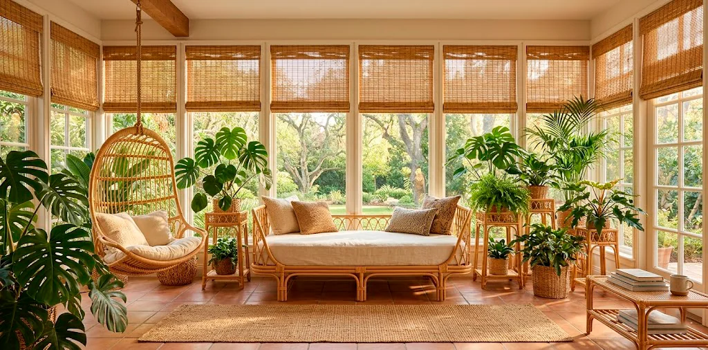 A bright boho sunroom filled with natural rattan furniture, lush greenery, and warm afternoon sunlight.